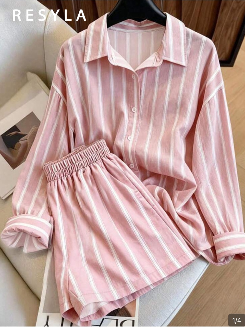 Women’s Pink Striped  Set - Button-Down Top & Elastic Waist Shorts
